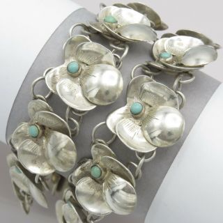Vtg Early Taxco Mexican Sterling Silver Pansy Flower Turquoise Necklace