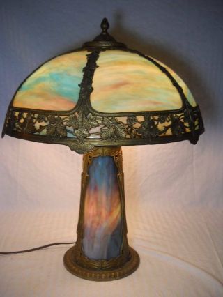 Exceptional Bent Slag Glass Art Nouveau Lamp 23 " Handel B & H Era Lighted Base