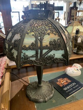 1920’s Miller Slag Glass Table Lamp W/ Forest Scene - B239