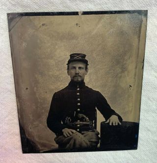 6th Plate Tintype Of Union Civil War Cavalry Soldier With 2 Pistols