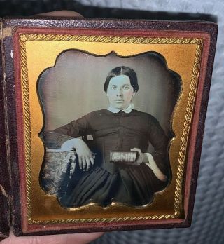 6th Plate Daguerreotype Photo Of A Young Woman Holding A Book