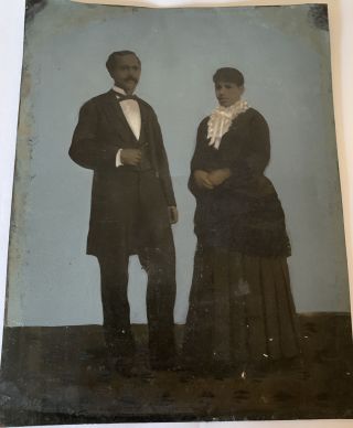 Large Antique Tintype Full Length Fancy Dress Couple Black Americana - Hand Tint