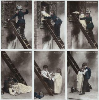 Set Of 6 Vintage Young Boy Fireman Rescues Pretty Young Girl Postcards All