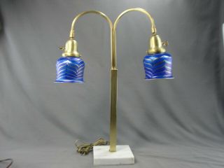 Vintage Mcm Deco Era Brass Marble Double Table Lamp Pulled Feather Glass Shades