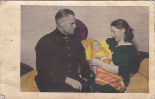 1930s Latvian Military Family Man Woman Baby Child Hand Tinted Old Antique Photo