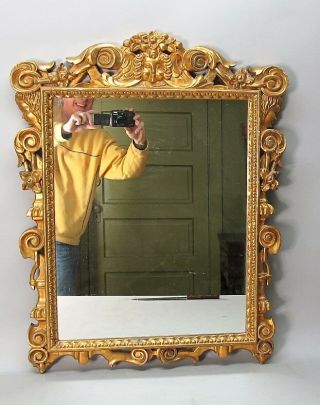 Unique Mid - 19th C.  Hand - Carved Giltwood Mirror W/ Cherubs C.  1850 Antique