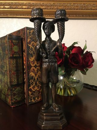 Rare Antique Bronze Blackamoor Statue Candleholder 11 1/4 Inches Tall Heavy