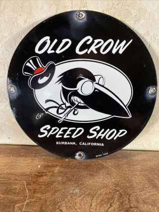 1948 Vintage  Old Crow  12 Inch Round Gas & Oil Pump Plate Porcelain