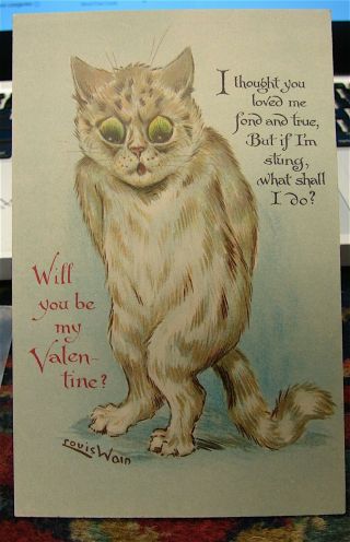 Vintage Signed Louis Wain - - - - Cat Post Card - - - - " Valentine Cat Pc " ==free Ship
