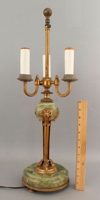 Large Triple Light Antique Neoclassical Agate & Gold Gilt Bronze Table Lamp