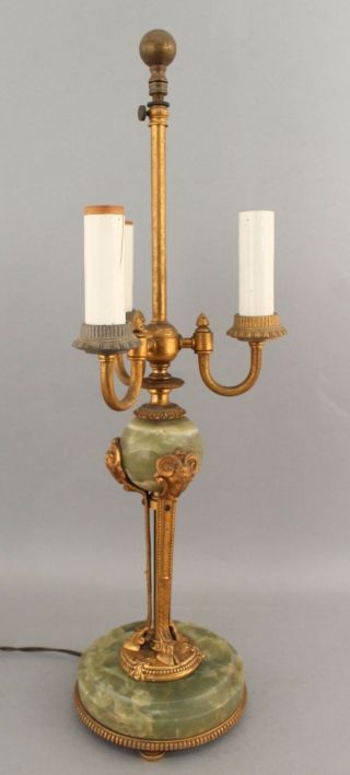 Large Triple Light Antique Neoclassical Agate & Gold Gilt Bronze Table Lamp 2