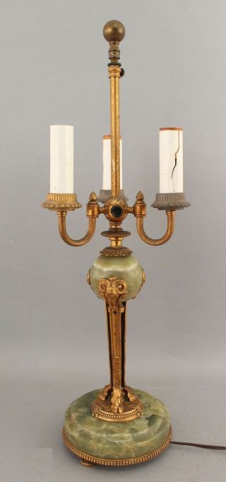 Large Triple Light Antique Neoclassical Agate & Gold Gilt Bronze Table Lamp 5