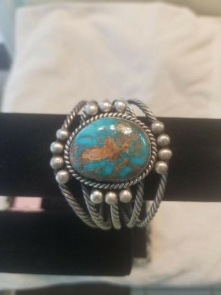 Vintage Native American Cuff Sterling Silver Bracelet Large Turquoise Stone.