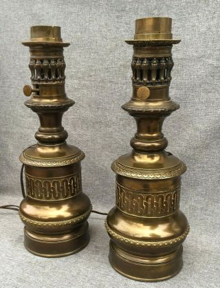 Large Antique French Electrified Oil Lamps Brass Repousse 19th Century