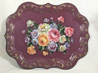 Vintage Tole Painted Tray Burgundy Dark Red Hand Painted Floral Roses 25 X 20