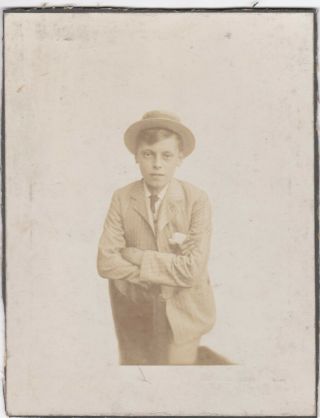 Old Photo Children Boy Jacket Straw Boater Hat At2