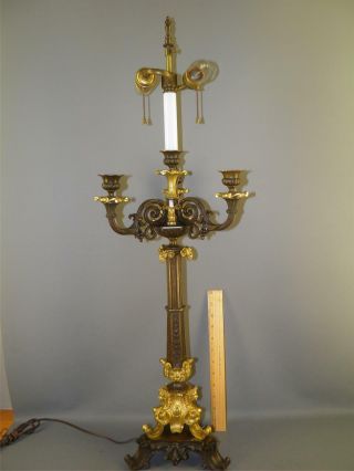 Antique French Empire Bronze Dore Candelabra Table Lamp Figural Nude Rams