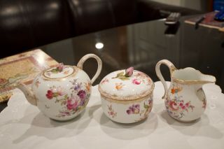 Meissen Crossed Swords Gilded Floral Tea Set Teapot,  Creamer & Sugar Bowl Rare