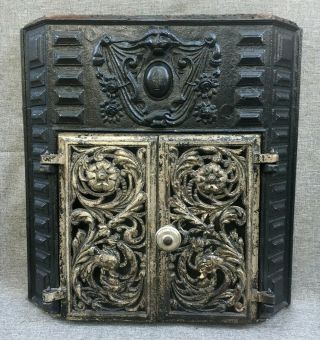 Heavy Antique French Stove Front With Doors 19th Century Cast Iron Lion Head