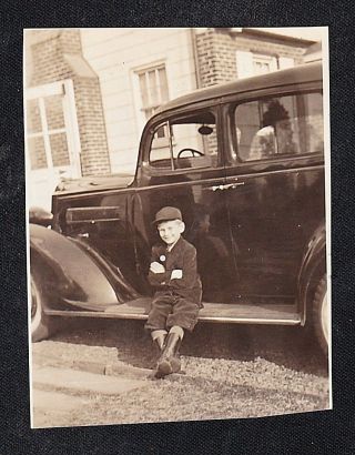 Old Vintage Antique Photograph Cute Little Boy Sitting On Runner Of Antique Car