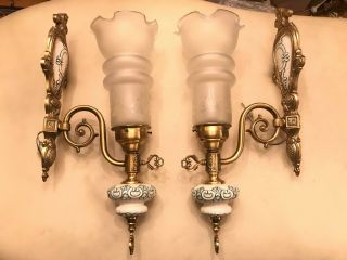2 Rare Vintage French Brass Bronze Empire Style Wall Lamps Matte Glass Shade
