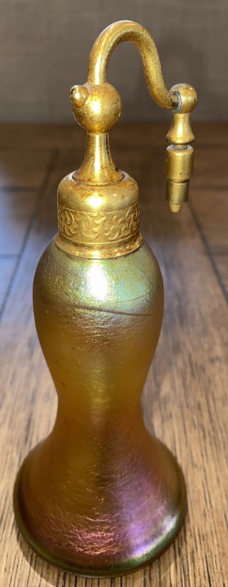 Antique Early 20th Century Steuben Gold Aurene Glass Perfume Bottle Atomizer 6”