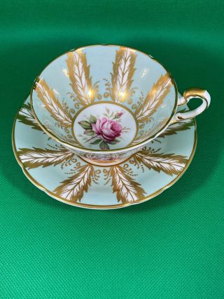 Vintage Paragon Teacup & Saucer Sage Green With Pink Cabbage Rose Gold Feather