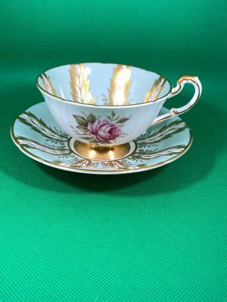 VINTAGE PARAGON TEACUP & SAUCER SAGE GREEN WITH PINK CABBAGE ROSE GOLD FEATHER 2