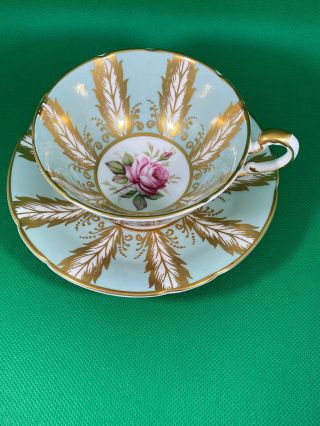 VINTAGE PARAGON TEACUP & SAUCER SAGE GREEN WITH PINK CABBAGE ROSE GOLD FEATHER 3