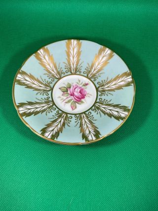 VINTAGE PARAGON TEACUP & SAUCER SAGE GREEN WITH PINK CABBAGE ROSE GOLD FEATHER 4
