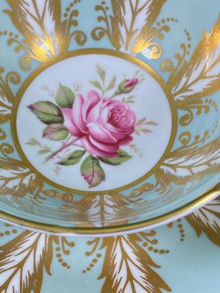 VINTAGE PARAGON TEACUP & SAUCER SAGE GREEN WITH PINK CABBAGE ROSE GOLD FEATHER 5