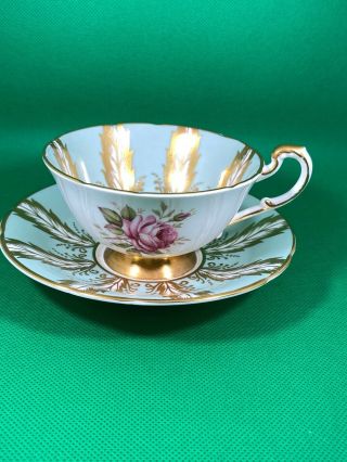 VINTAGE PARAGON TEACUP & SAUCER SAGE GREEN WITH PINK CABBAGE ROSE GOLD FEATHER 6