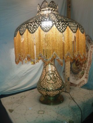 Antique C1900 Pierced Brass Moroccan Turkish Moorish Beaded Fringe Table Lamp