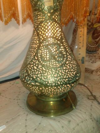 Antique C1900 Pierced Brass Moroccan Turkish Moorish Beaded Fringe Table Lamp 3