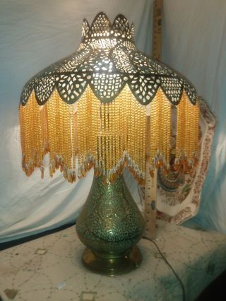 Antique C1900 Pierced Brass Moroccan Turkish Moorish Beaded Fringe Table Lamp 4