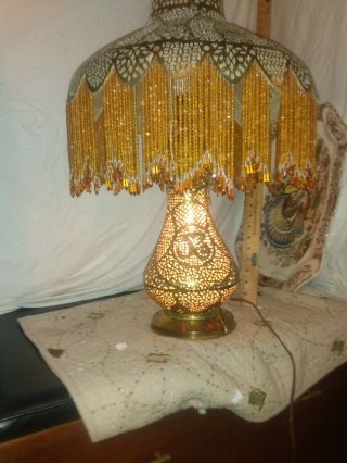 Antique C1900 Pierced Brass Moroccan Turkish Moorish Beaded Fringe Table Lamp 5