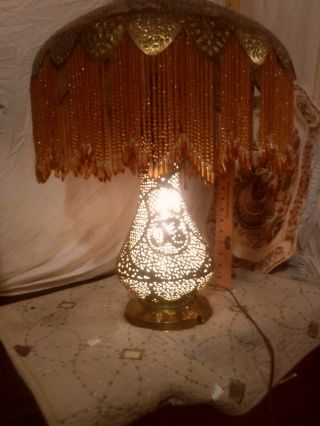 Antique C1900 Pierced Brass Moroccan Turkish Moorish Beaded Fringe Table Lamp 6