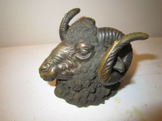 Rare Antique Bronze Rams Head Inkwell