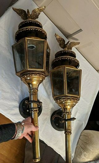 Pair Electrified Antique Brass Eagle Stage Coach Lanterns
