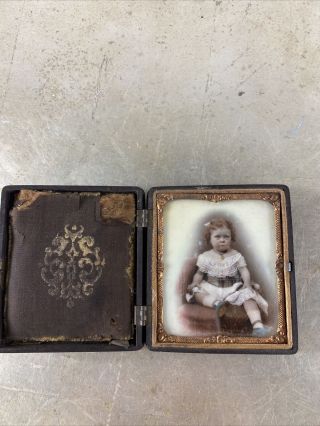 Antique Colored Ambrotype Portrait Photograph Of A Little Girl - Ornate Case