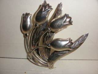 Vintage Hector Aguilar Taxco Mexico Large Sterling Silver 940 Tulip Brooch Pin
