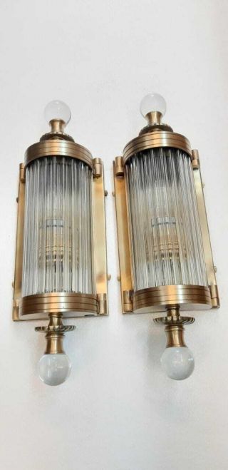 Pair Antique Vintage Old Art Deco Brass & Glass Rod Ship Light Wall Sconces Lamp
