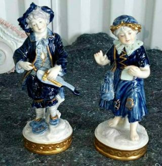 Antique German Volkstedt Porcelain Musician Blue Couple,  5.  75 ".