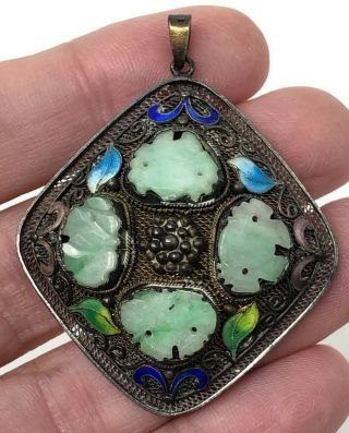 Unusual Rare Vintage Chinese Export Silver Carved Jade Enamel Pendant