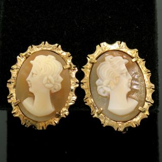 Vintage 18k Yellow Gold Carved Shell Cameo Earrings W/ Etched & Textured Frames