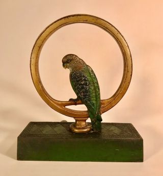 Antique Bradley And Hubbard Painted Cast Iron Doorstop Parakeet In Ring 7814