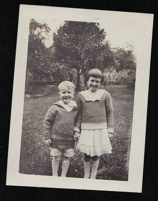 Old Vintage Antique Photograph Adorable Little Boy And Girl Standing In Yard