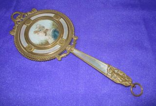 19th Century French Bronze & Mother Of Pearl Hand Mirror Hand Painted