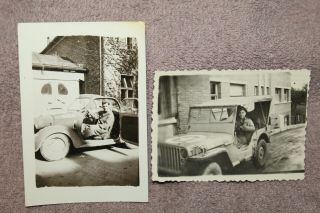 Two Ww2 Photographs Of An U.  S.  Army Soldier In Army Jeep & Weird Truck?