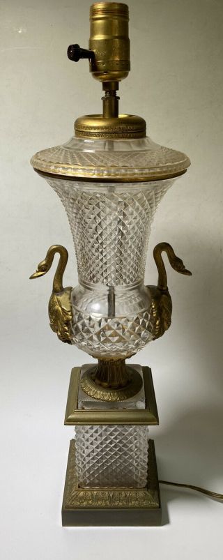 Antique Baccarat ? French Cut Crystal Lamp W Gilt Bronze Swans